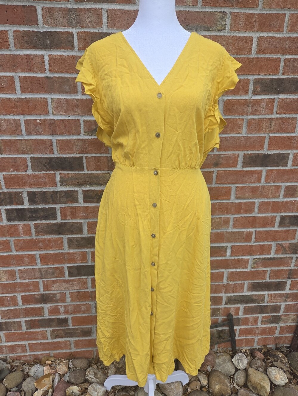NWT A New Day Womens Large Yellow Ruffle Sleeveless Button Front Midi Dress